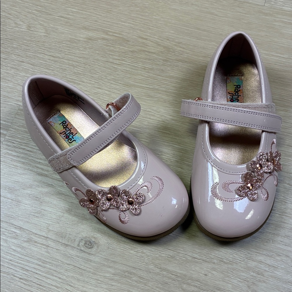 Rachel Shoes Pink Mary Jane Style Flats with Glittery Sparkle Floral Accents
